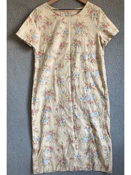Dresses & Skirts - Floral Midi Dress in Cream with Pink & Blue Roses